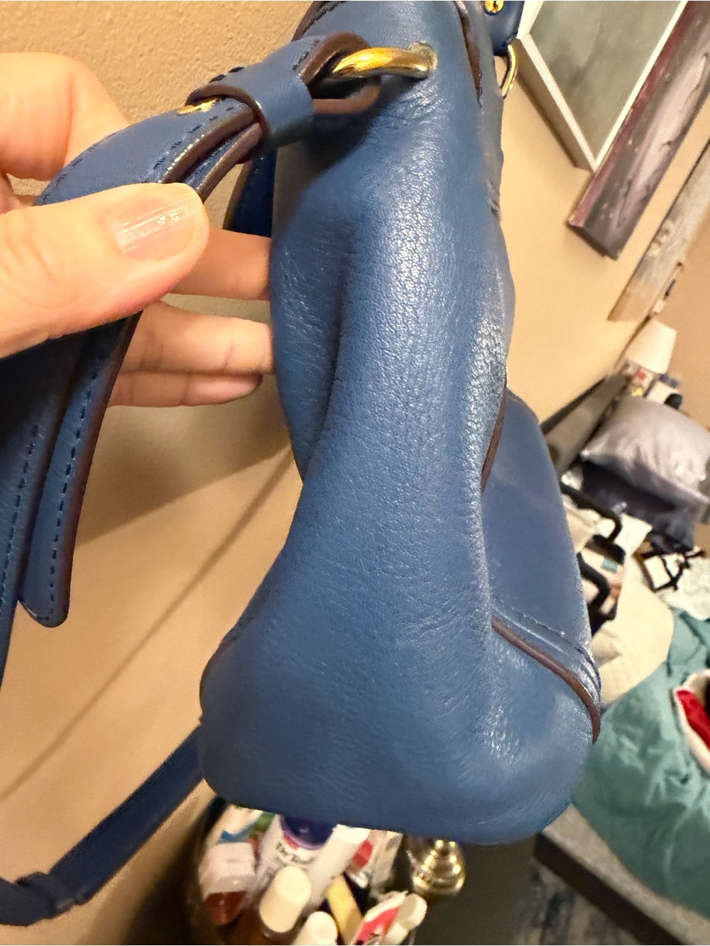 MCM Blue Leather Top-Handle Satchel Bag with Gold Hardware - Picture 9 of 15